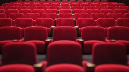 Fototapeta premium Rows of Empty Red Theater Seats Displaying Plush Upholstery in a Darkened Cinematic Environment
