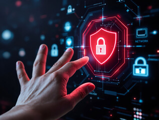 Hand reaching toward glowing red padlock shield icon on digital interface, futuristic tech style, dark background, concept of cybersecurity and privacy. Ai generative