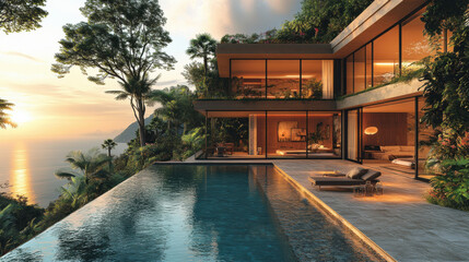 Fototapeta premium Night and sunset views of a swimming pool with palm trees and surrounding architecture