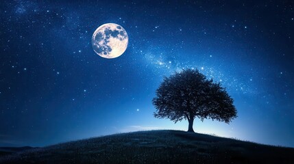 Fototapeta premium Majestic Tree Under Full Moon Surrounded by Stars on a Clear Night