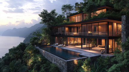 Obraz premium Traditional wooden house by the water surrounded by nature