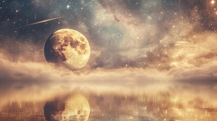 Mystical Moon Over a Calm Lake Reflecting the Starry Night Sky with Clouds and Dreamy Atmosphere