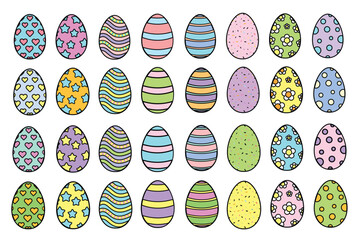 Big set of easter eggs cute pastel colored outline design elements isolated on white background. Easter Eggs. Set of vector decorative eggs illustrations for varios designs.