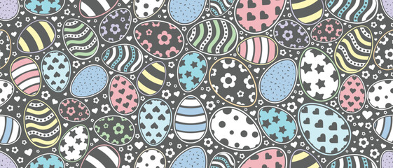 Happy Easter Vector Seamless Pattern or Banner Template. Decorative Easter Eggs Plants and Daisy Flowers Texture. Repeatable Endless Outline Colorful  Design in Creative Pastel Colors. 