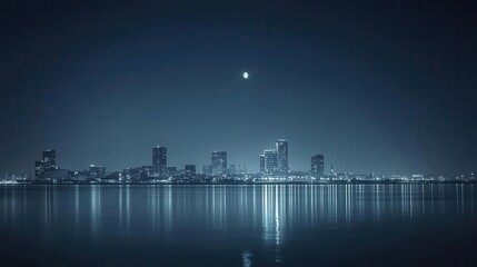 Fototapeta premium Nighttime City Skyline Reflection on Water with Illuminated Buildings and Moonlit Sky