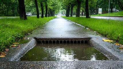 High capacity concrete storm drain channel diverting excess rainwater away from city streets to prevent flooding and manage urban stormwater runoff effectively