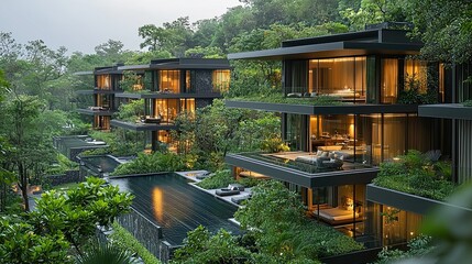 Luxury Eco-Resort nestled in lush greenery, offering tranquil escape with stunning infinity pool