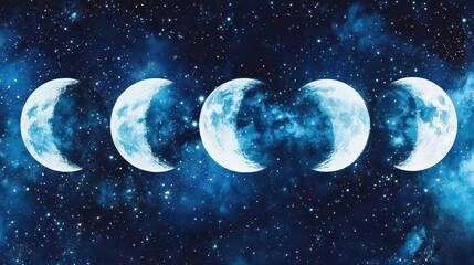 Phases of the Moon in a Dark Cosmic Night Sky with Shimmering Stars and Mystical Atmosphere