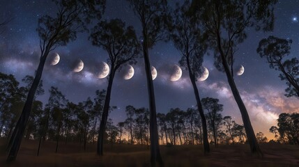Phases of the Moon Over a Serene Landscape with Silhouetted Trees at Night Under a Starry Sky