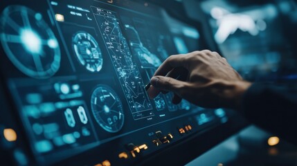 Pilot interacts with futuristic cockpit displays