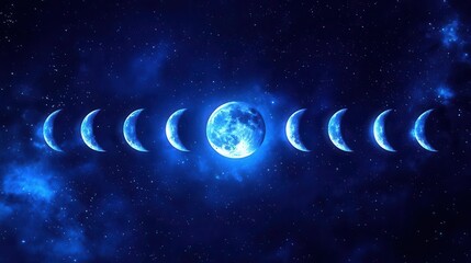 Phases of the Moon Captured Against a Starry Night Sky in Ethereal Blue Tones