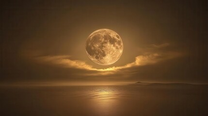 Radiant Full Moon Illuminating Tranquil Waters Under Cloudy Sky At Twilight