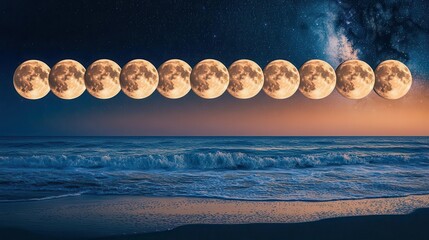 Sequence of Full Moons Over a Calm Ocean at Twilight with Stars and Milky Way in the Background