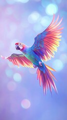 Obraz premium Vibrant macaw soars through a dreamlike gradient sky with bokeh orbs