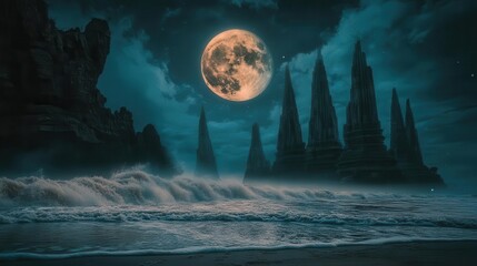 Mysterious Silhouettes of Spires Under a Full Moon Over Ocean Waves in a Dark Night Sky