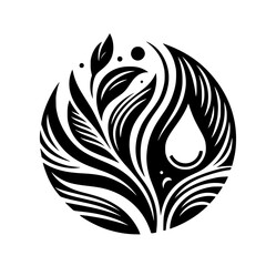 Obraz premium Black & White Nature Emblem: Leafy Sphere with Water Drop
