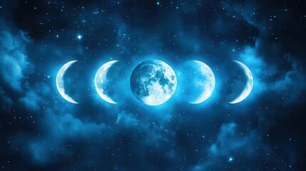 Phases of the Moon in a Starry Night Sky with Clouds Creating a Mystical Atmosphere
