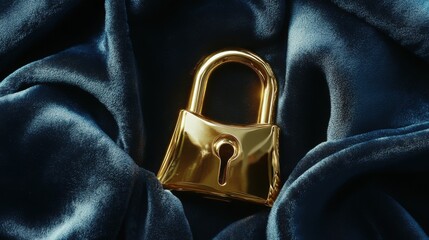 Luxury golden padlock resting on black velvet offers elegant branding opportunities and copy space for exclusive messaging