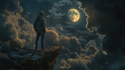 Fototapeta premium Contemplation under lunar glow, Figure silhouetted against moonlit sky