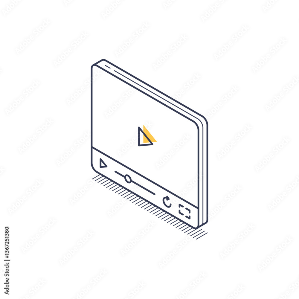 Poster isometric line art representation showcases a multimedia player interface featuring essential elemen