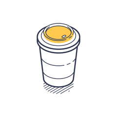 Isometric line icon of a coffee cup with a yellow lid, perfect for infographics and modern design projects. It showcases a minimalist and clean aesthetic.