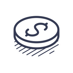 Isometric line icon features a sleek design of a coin, perfect for use in modern infographics, digital presentations, and vector illustrations that require a contemporary touch.