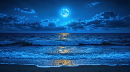 Serene Moonlit Ocean Waves at Night with Reflection Under a Clear Blue Sky and Clouds