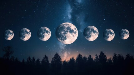 Phases of the Moon Displayed Above a Serene Dark Forest Under a Starry Night Sky