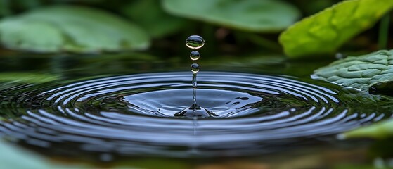 Water droplet falling into still pond creating concentric ripples.