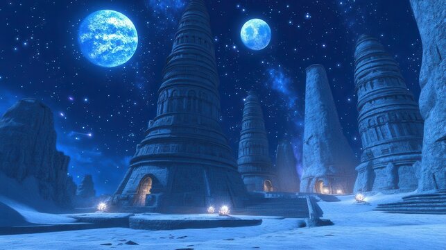 Mystical Ancient Temple Structures Under a Starry Night Sky with Two Planets in the Distance