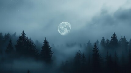 Mysterious Moonlit Forest with Fog and Mist Under a Bright Moon in the Night Sky