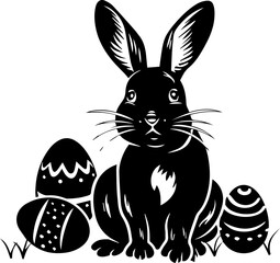 Black and White Easter Bunny and Egg Illustration – Spring Holiday Silhouette