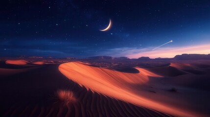 Sandy Desert Landscape Under Starry Night Sky with Crescent Moon and Illuminated Dunes