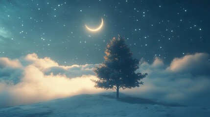 Serene Night Landscape Featuring a Silhouetted Tree Under a Glistening Moon and Stars