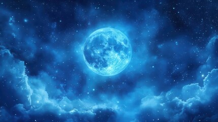 Obraz premium Radiant Full Blue Moon Illuminating a Starry Night Sky with Fluffy Clouds and Tranquil Atmosphere