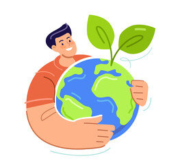 Green world concept. Saving environment, protect clean planet and ecology. Human and planet earth with leaves