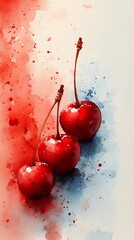 Three ripe cherries on watercolor background.