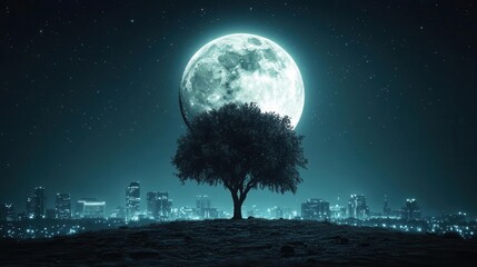 Serene Night Landscape with a Majestic Tree Silhouetted Against a Full Moon Over City Skyline