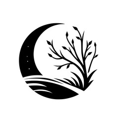 Crescent Moon Silhouette with Plant Life