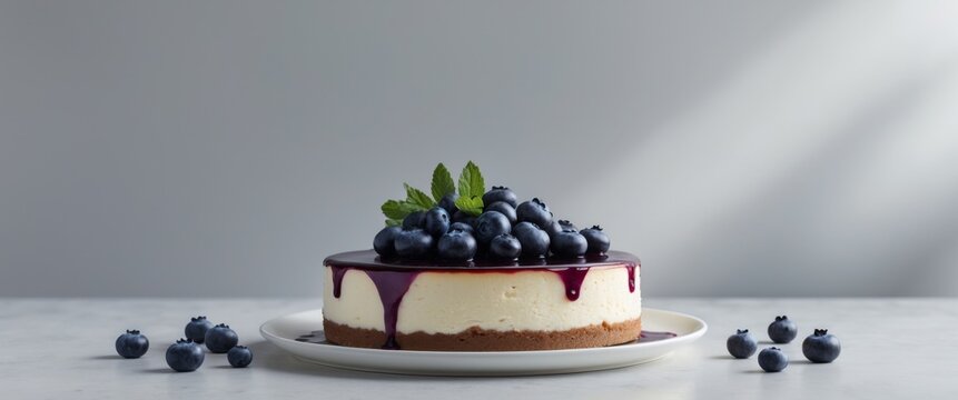 Round cheesecake with blueberry syrup topping and fresh blueberries garnish on a white plate with a simple gray background