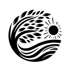 Black and White Nature Harmony: Tree, Sun, and Water Icon