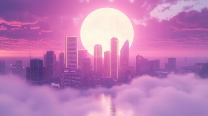 Pink Sunset Over a City Skyline with Clouds and Reflection at Dusk in an Urban Landscape