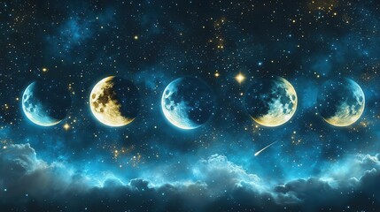 Phases of the Moon Against a Starry Night Sky with Clouds and Cosmic Elements