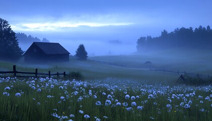 Misty dawn over a field of wildflowers and a rustic barn.
