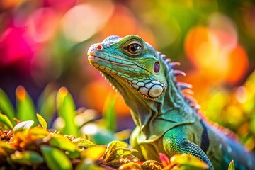 Obraz premium Adorable Miniature Iguana in Vibrant Garden - Tilt-Shift Photography