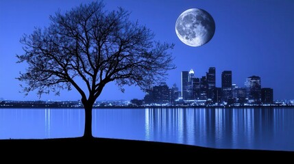 Silhouette of a Tree Against a Full Moon Over a Cityscape Reflected in Water at Night