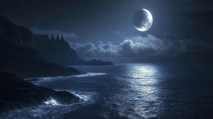 Mysterious Nighttime Seascape with Radiant Full Moon Over Calm Ocean Water and Dark Clouds
