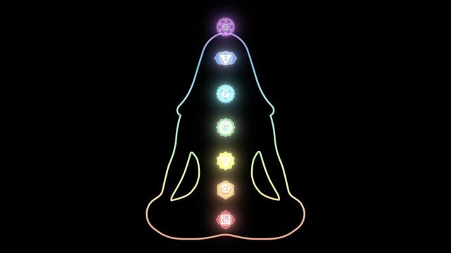 Chakras: muladhara, swadhisthana, manipura, anahata, vishuddha, ajna, sahasrara. Video simple animation. Motion graphics. Glowing symbol. Om sign. Silhouette of a girl in a lotus pose. Meditation