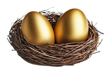 Nest filled with golden eggs isolated on white transparent background. The concept symbolizes wealth, investment, and financial security