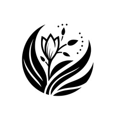 Fototapeta premium Serene Floral Silhouette: Black and White Botanical Emblem